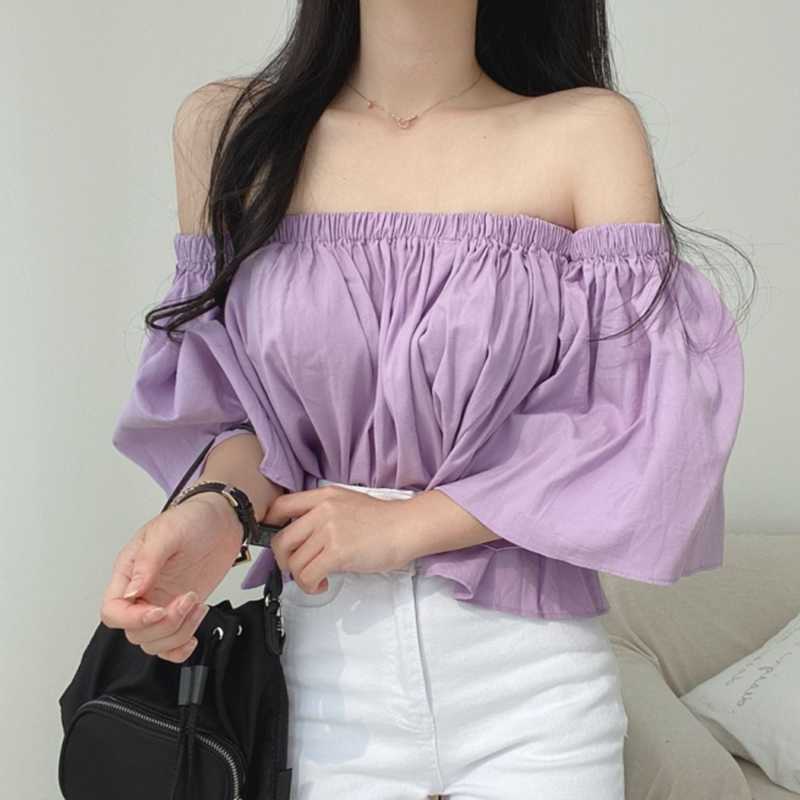 Korejpaa Women Shirt Summer Korean Chic Sexy Feminine One-Line Neck Strapless Pleated Loose Wild Trumpet Sleeve Blouses 210526