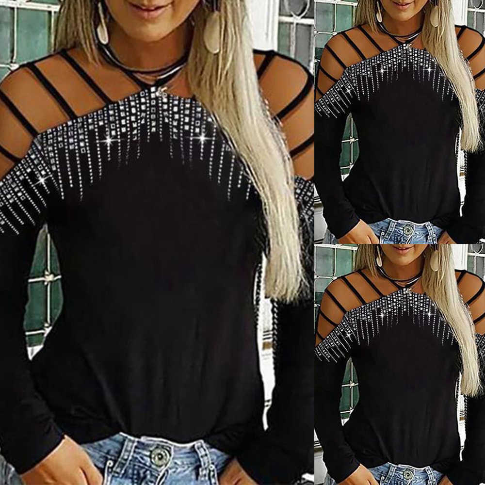 Women Hollow Shiny Long Sleeve T-shirt Loose Top Ladies Casual Shirt Large Size Off Shoulder Pullovers Womans Clothings D30 X0628