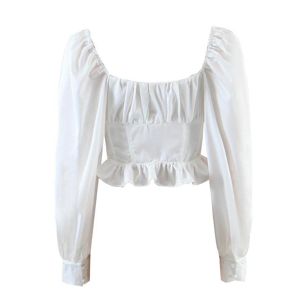 Vintage Long Sleeve Bandage Cross Lacing up Cropped Shirt Women French style Ladies Wood ears Dropped Slim Crop Top Sexy blouses 210429