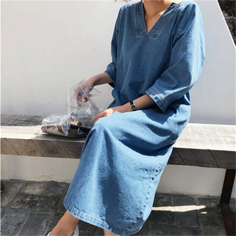 Women Dress V Neck Three Quarter Sleeve Denim Temperament Jean es Loose Leisure Long es Summer 210513