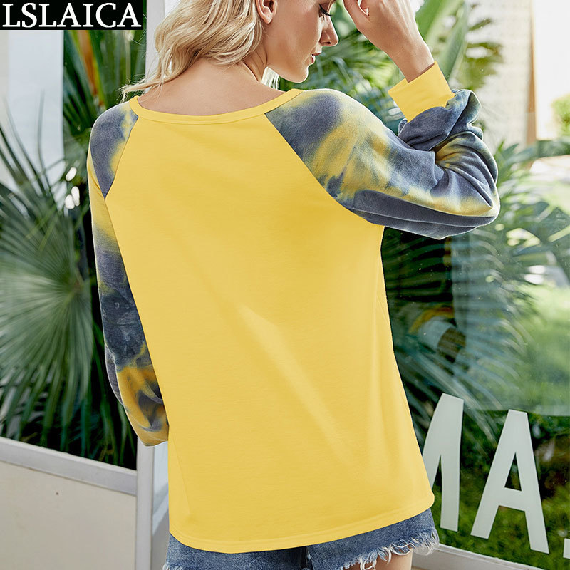 Casual Long Sleeve Tshirt Tie-Dye Patchwork Loose t-Shirt Fashion Streetwear Women Office Homewear Ladies Tops Ropa Mujer 210520