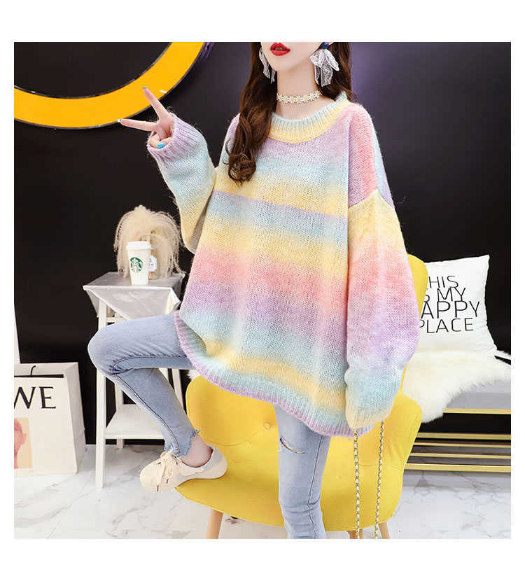 H.SA Autumn Winter Women Rainbow Sweater and Pullovers Oneck Long Loose Style Striped Korean Jumpers Candy Color Oversized Pull 210716