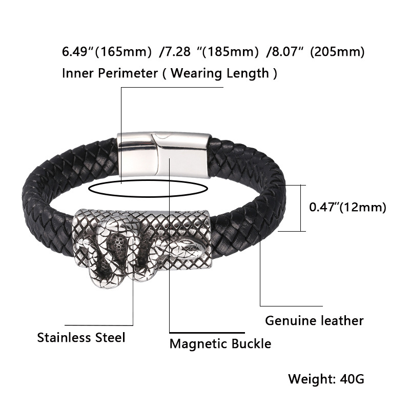 Fashion Stainless Steel Snake Charm Genuine Leather Bracelet