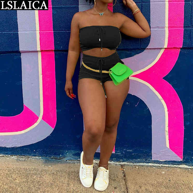 Tube Top Two Piece Set Summer Strappy Sleeveless Clothes For Women Casual Solid Shorts Tracksuit Pantalones Cortos De Mujer 210520