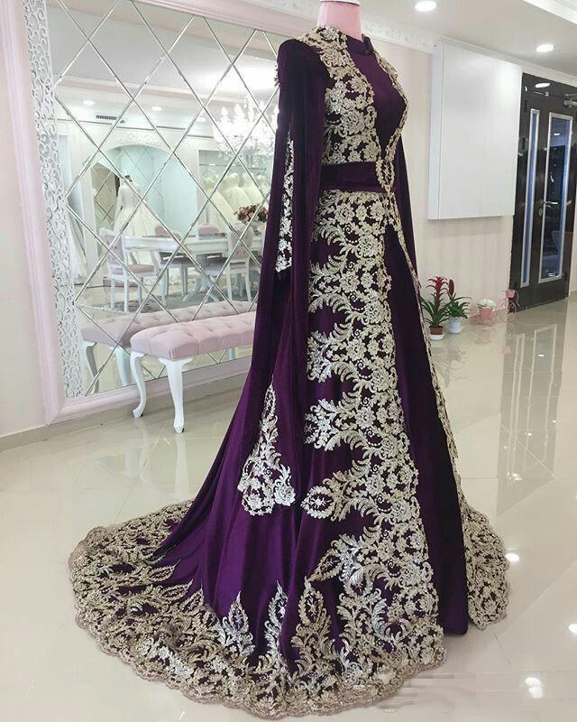 Elegant Morocco Kaftan Purple Velvet Formal Evening Dresses Saudi Arabic Dubai Abaya Lace Appliqued Long Sleeves Prom Party Gowns Luxury Celebrity Dre