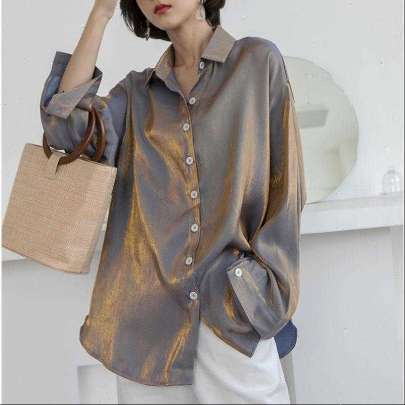 autumn glossy long sleeve womens shirt loose solid streetwear clothes, White