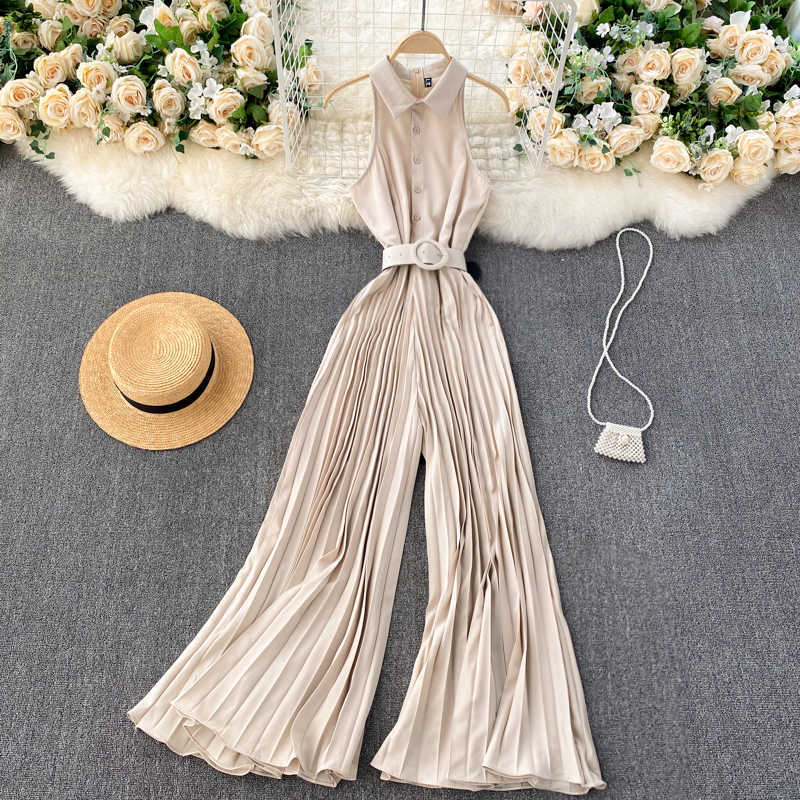 Women's Fashion Feminine Slim Single Breasted Pleated Wide Leg Jumpsuits Sleeveless Solid Color Overalls Q548 210527