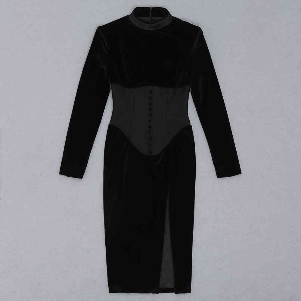 Free Women's Velvet Bandage Midi Dress Sexy Stand Collar Long Sleeve Bodycon Split Club Party Vestidos 210524