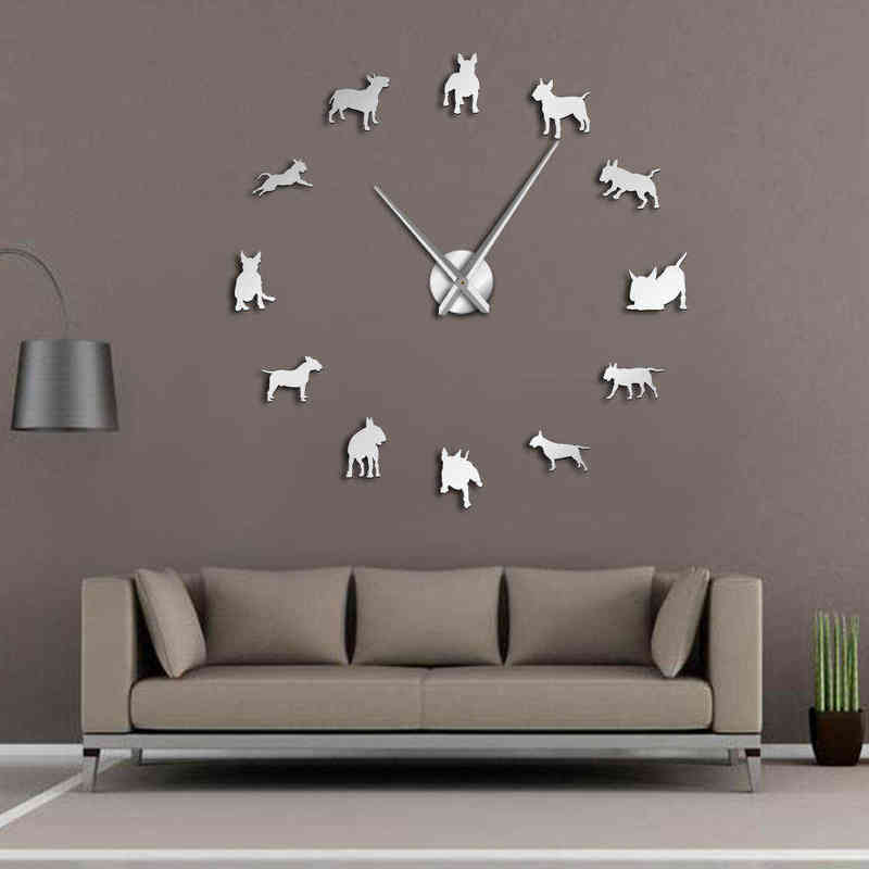 DIY Large Wall Clock Bullterrier Dog Wall Art Dog Breed Pug Needle Clock Watch Pet Shop Decor Gift for Bull Terrier Lovers H1230