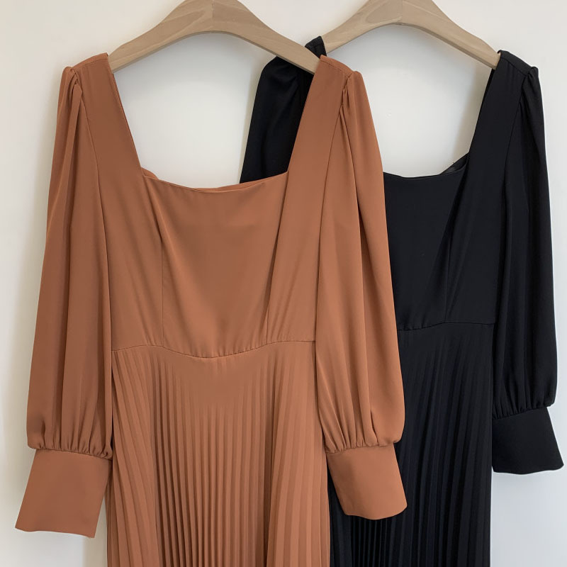 Korea Foreign Style Elegant Thin Square Collar High Waist Women Dress Solid Color Commute Length Pleated with Belt 12801 210427
