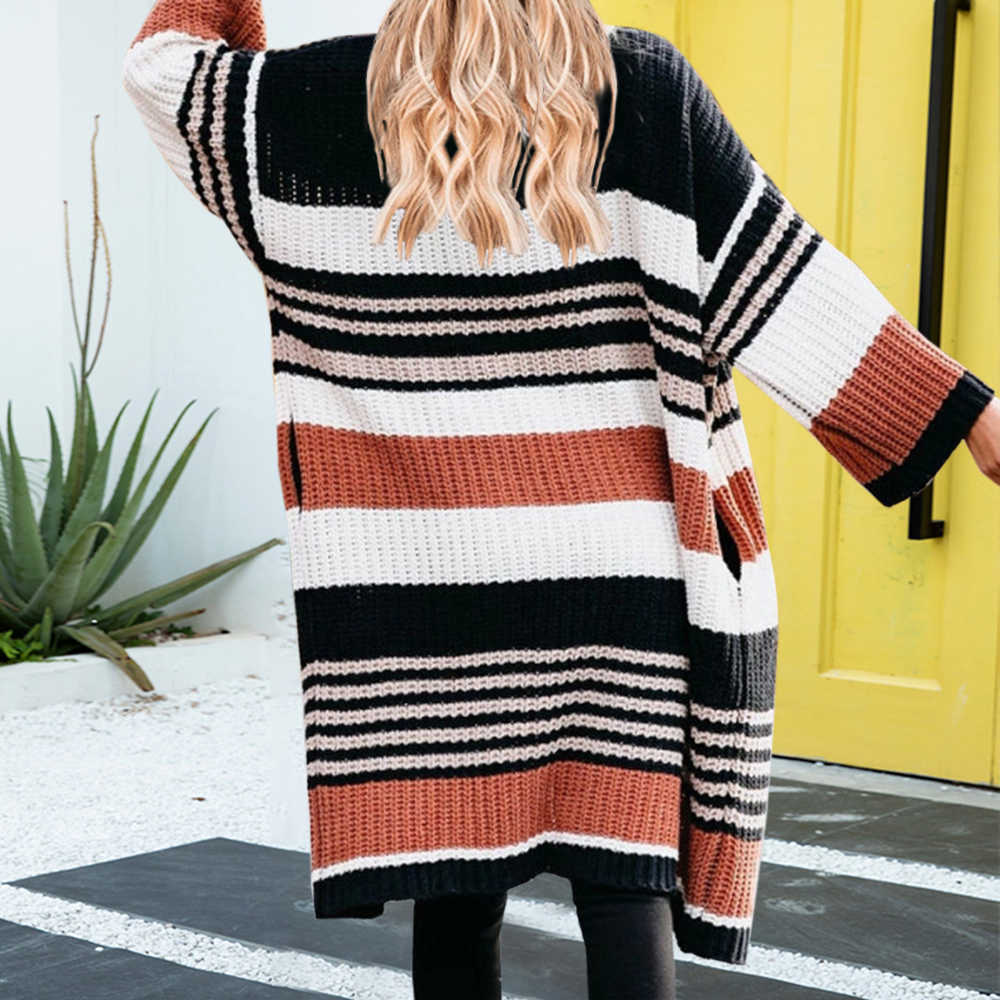 Ladies Long Cardigan Pocket Sweater Loose Casual Striped Knit Coat Sleeve Thickened V-Neck 210604