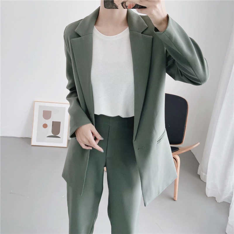 elegant women single button blazer office ladies slim long jackets casual female green suits pocket girls chic sets 210527