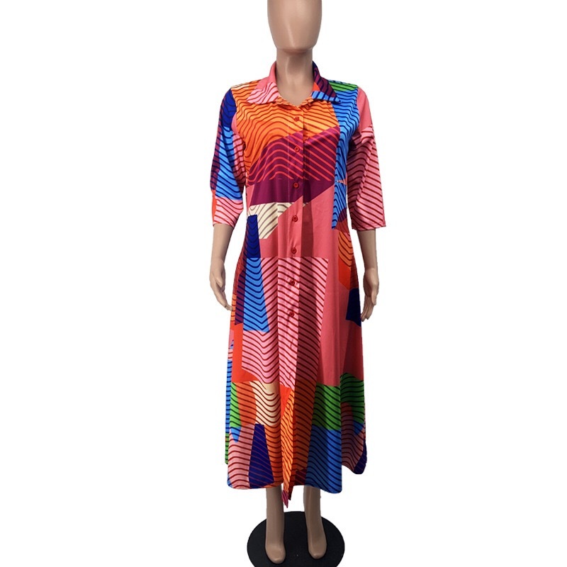 Autumn African Women Blouse Office Elegant Striped Long Sleeve Single Breasted Mid Calf Loose Fashion Business Work Wear Dresses 210510