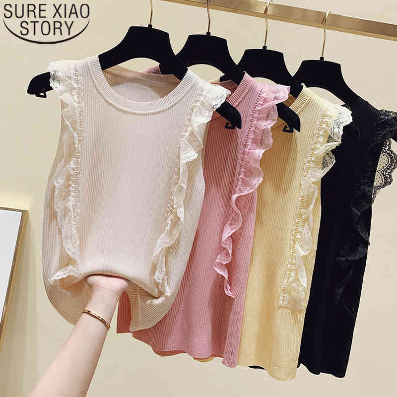 Fashion Ruffles Sleeveless Ice Silk Tank Top Summer Lace Stitching Pullover Round Neck Thin Bottoming Vest for Women 14207 210506