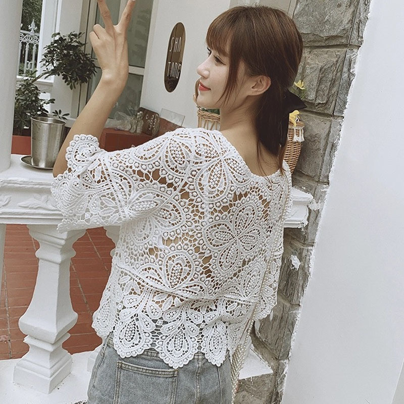 Summer Hollow Out Lace Shirt Women Hook Flower Top Female Women's Short Sleeve Blouse Sunscreen blusas 14127 210427