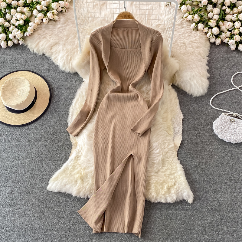 Autumn new design womens sexy retro square collar long sleeve solid color knitted vent jag maxi long dress