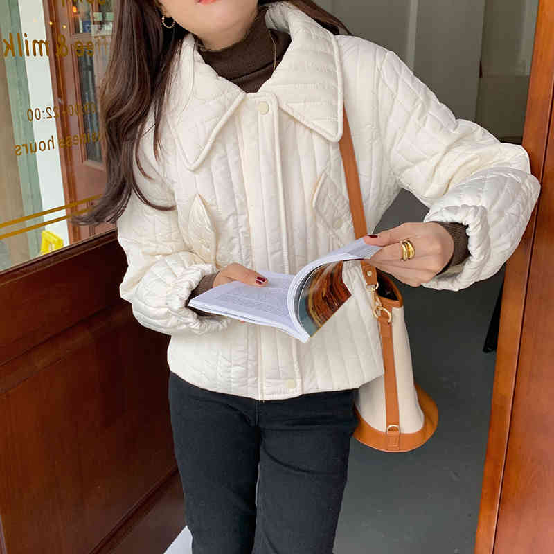 Comelsexy Chic Winter Solid Elegant Women Bread Clothe Peter Pan Collor Padded Coat Loose Casual Jacket Female Outwear Top 210515