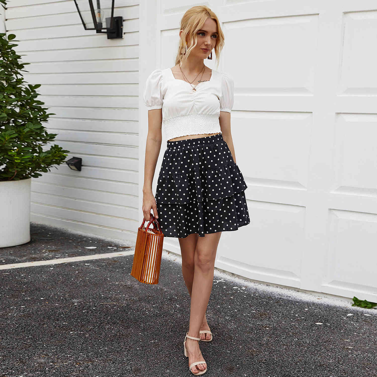 Summer women mini skirts Casual dots two layer ruffles black for female sweet girls short A-line pleated 210524