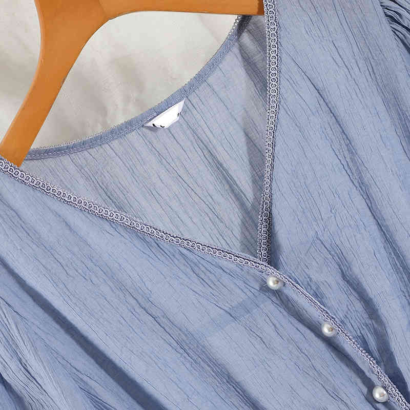 LoveFlowerLife Summer Casual Solid Sweet Dress A Line V Neck Single Breasted High Waist Mid-Calf Women Dresses 210521