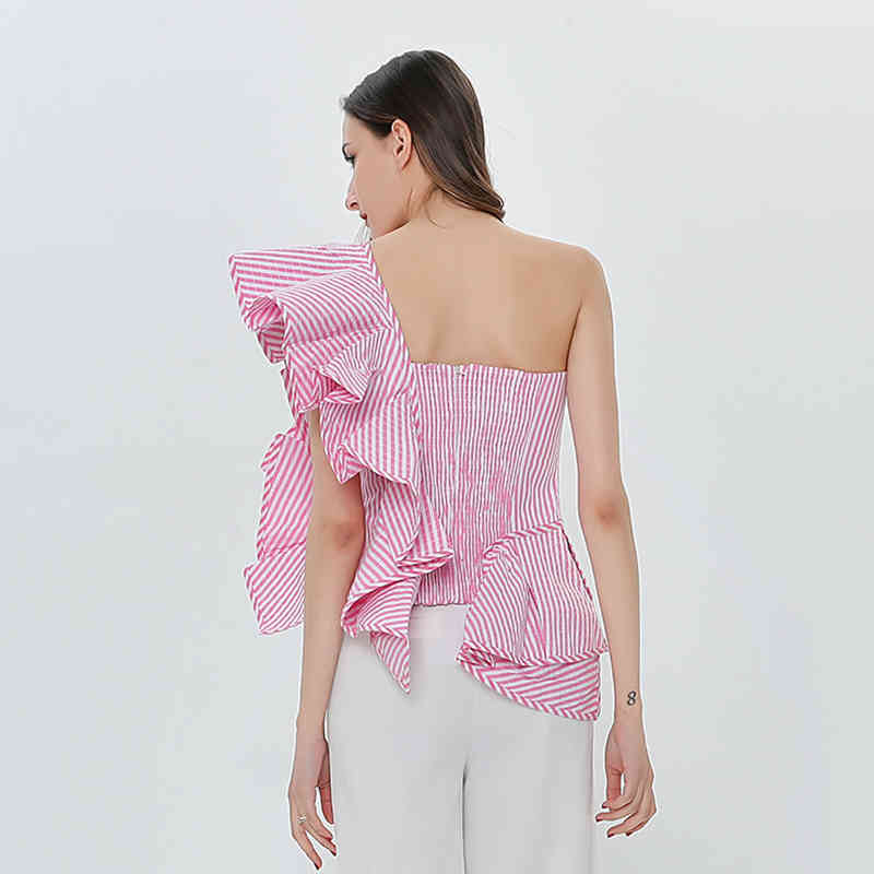 Asymmetrical Striped Shirt For Women Slash Neck Sleeveless Patchwork Ruffle Short Blouse Female Fashion Clothes 210524