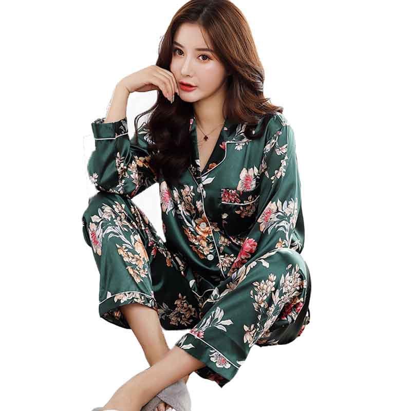 Satin Silk Pajamas for Women's Set pyjamas women silk pajamas plus size christmas adult printing korean pink loungewear 210428