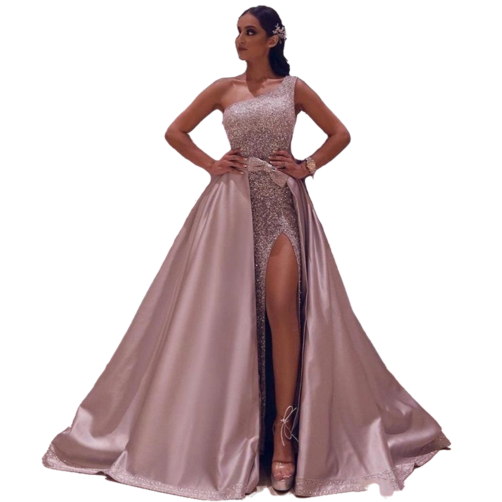 Sparkly Arabic Dubai One Shoulder Sequins Prom dresses With Detachable Overskirt Side High Slit Shiny Glitter Long Formal Evening Party Gown