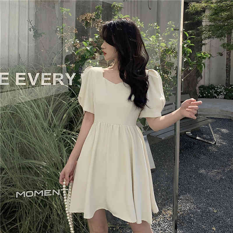 Sexy Sweet Backless Bow Mini Dress Summer Korean Casual Vintage Girl Puff Sleeve Slim Solid Party Dress 210518