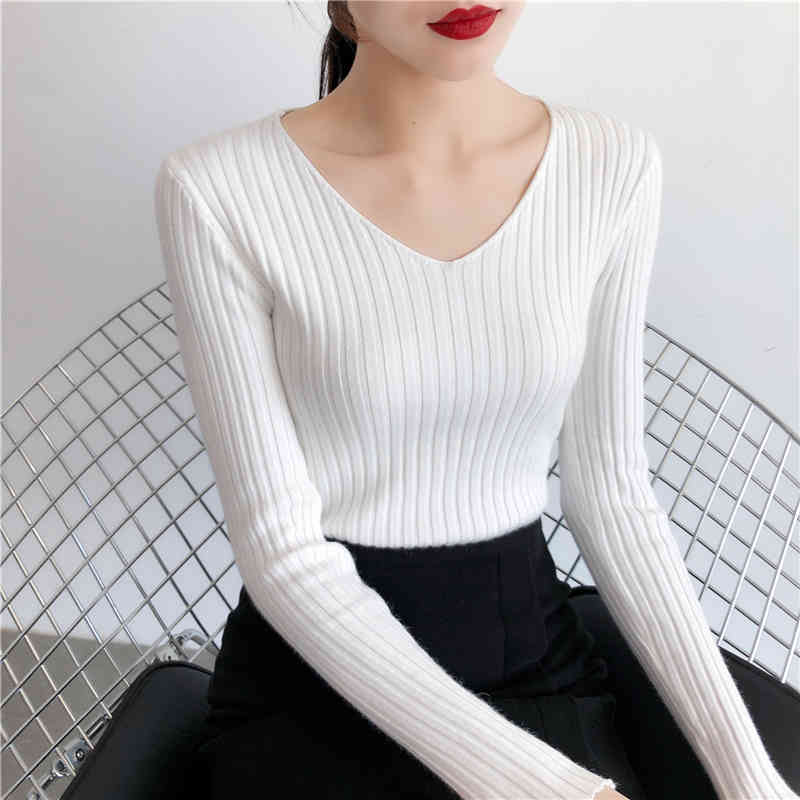 Autumn and Winter V-neck Long Sleeve Bottoming Sweater Korean Slim Elasticity Knitted Pullover Knitwear Tops 10309 210427