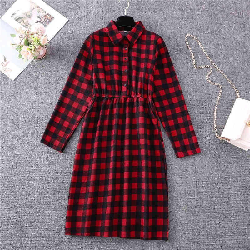 Fall Winter Spring Autumn Corduroy Women Long Sleeve Shirt Dress Pink Red Plaid Vintage Fashion Office Lady 210325