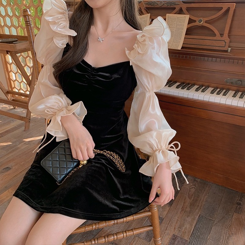 French Style Elegant Velvet Women Dress Spring Ruffles Hit Color Patchwork Vestidos Slim Waist A-line Dresses 210422