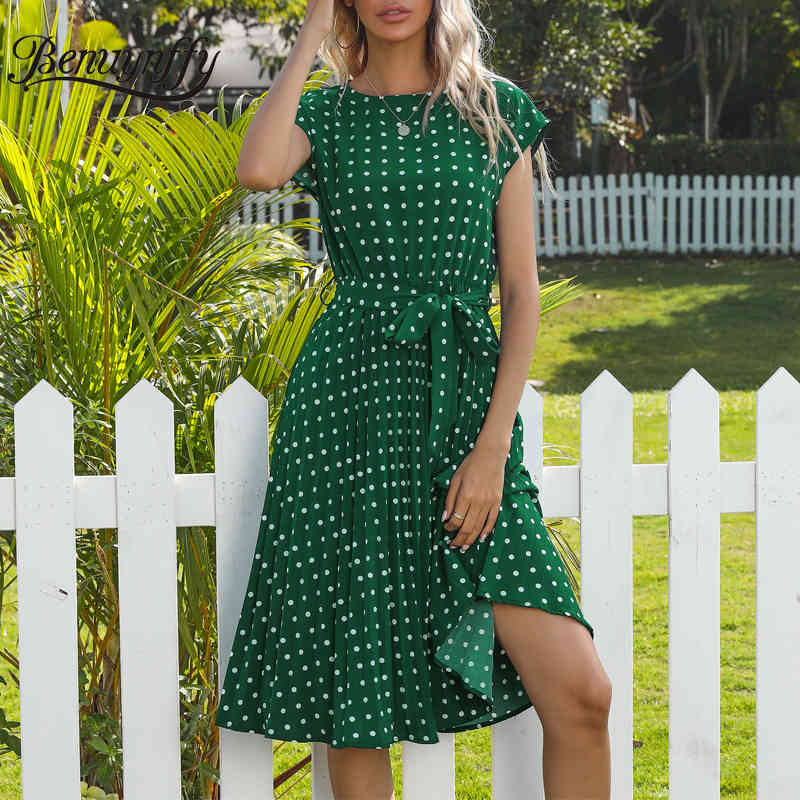 O-Neck Polka Dot Summer Dresses Cap Sleeve Women Knee Length Shirred Elegant Office Lady Belted A-Line Dress 210510