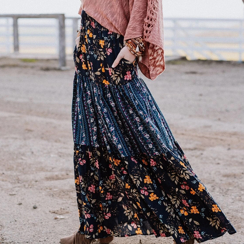 Women Skirt Vintage All Match High Waist Plus Size Long Printing Beach s For Fashion 210524