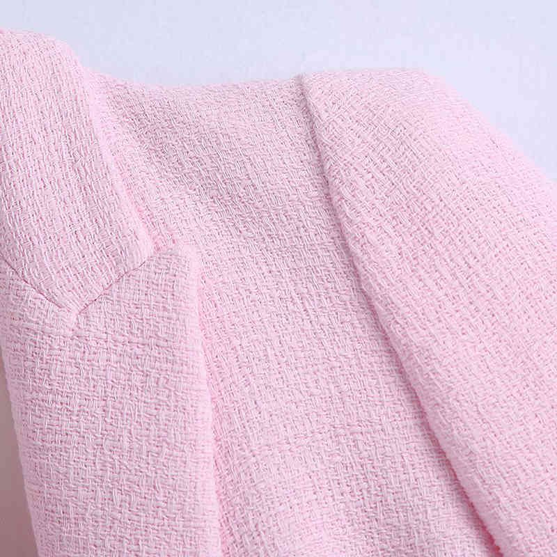 Women Vintage Pink Texture Tweed Blazer Coat Office Ladies Long Sleeve Suits Female Outerwear Chic Tops 210521