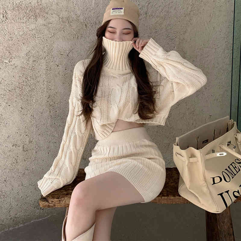 Lucyever Spring 2 Pieces Sets Women Fashion Twist Knitted Turtleneck Navel Sweaters Woman High Waist Hip Skirt Female 210521wtt