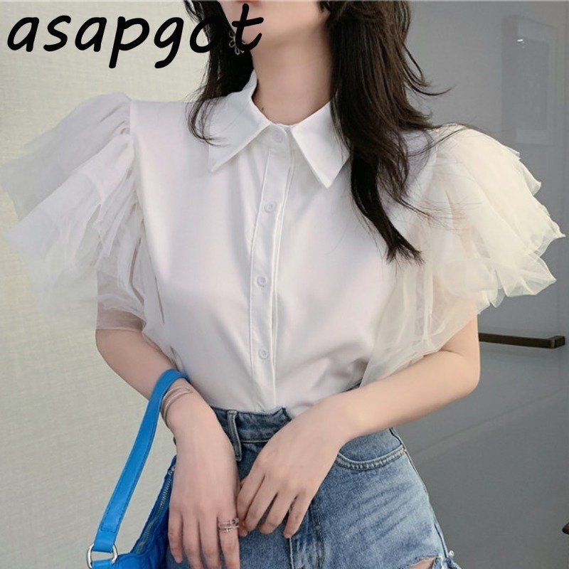 Chic Korean Blue Mesh Half Short Butterfly Sleeve Blouse Women Retro Fashion Slim Patchwork Turn Down Collar Shirts Ruffles 210429
