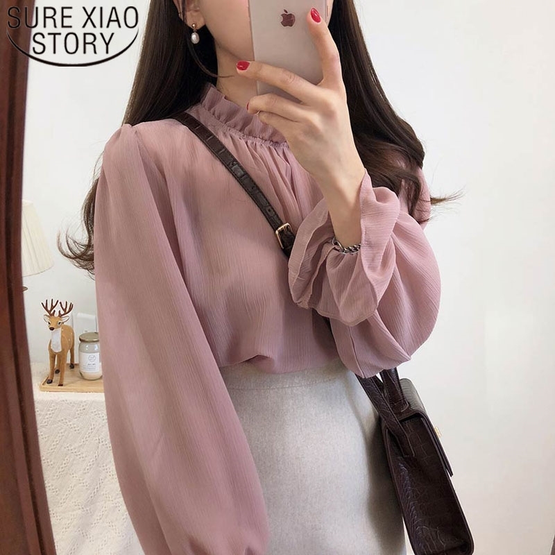 Spring New Coreano Chic Ghiffon Ghiffon Camicia Chiffon Solida Blusa A Maniche Lunghe Tops Rosa Busas Mujer De Moda 7880 210317-image