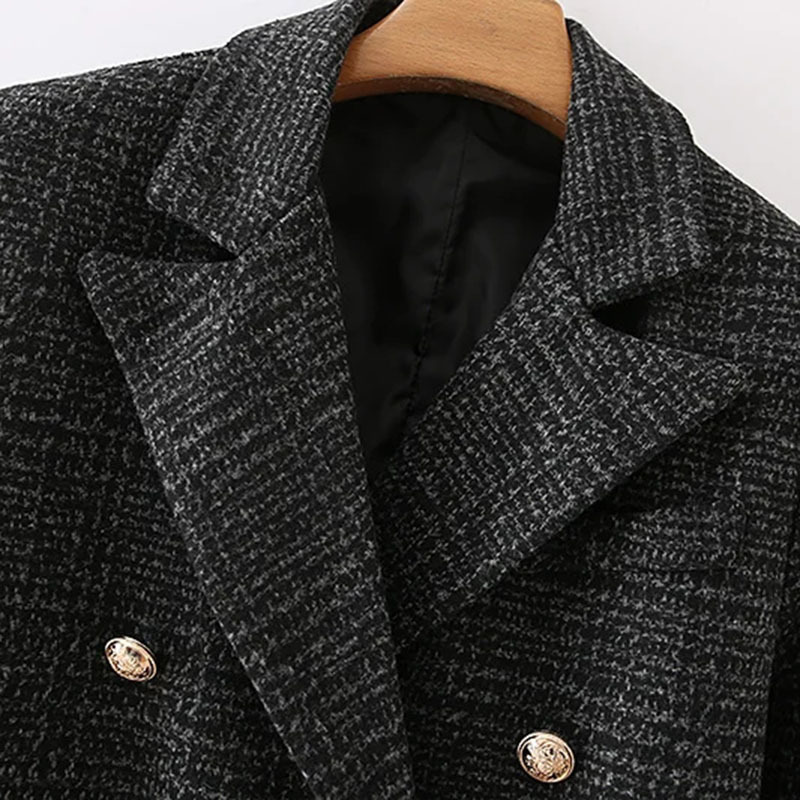 Winter Clothes Loose Temperament Retro Double-Breasted Lapel Plaid Twill Mid-Length Suit Jacket 210521