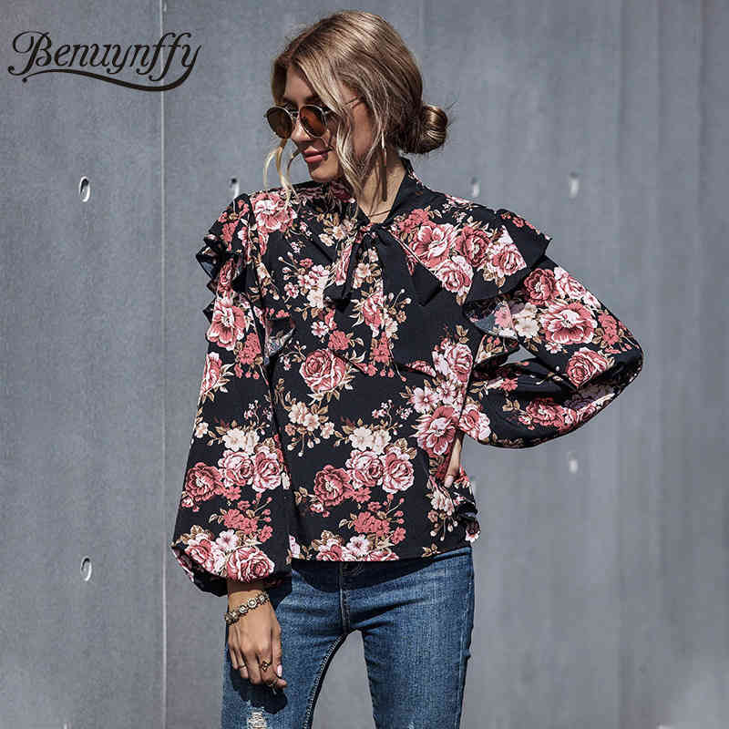Floral Print Bow Tie Neck Ruffle Top Blouse Women Autumn Long Lantern Sleeve Office Ladies Workwear Elegant Blouses 210510