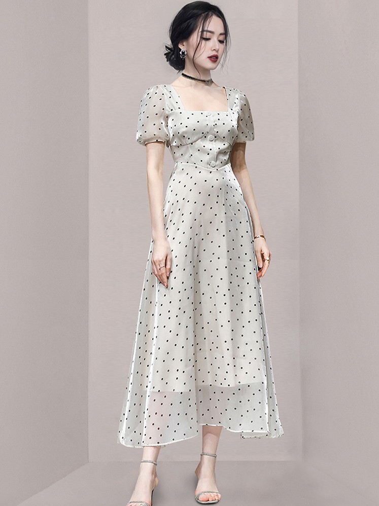 Elegant Temperament Fashion Polka Dot Square Collar Puff Sleeve Vintage High Waist A-Line Party Dress Female Vestidos 210519