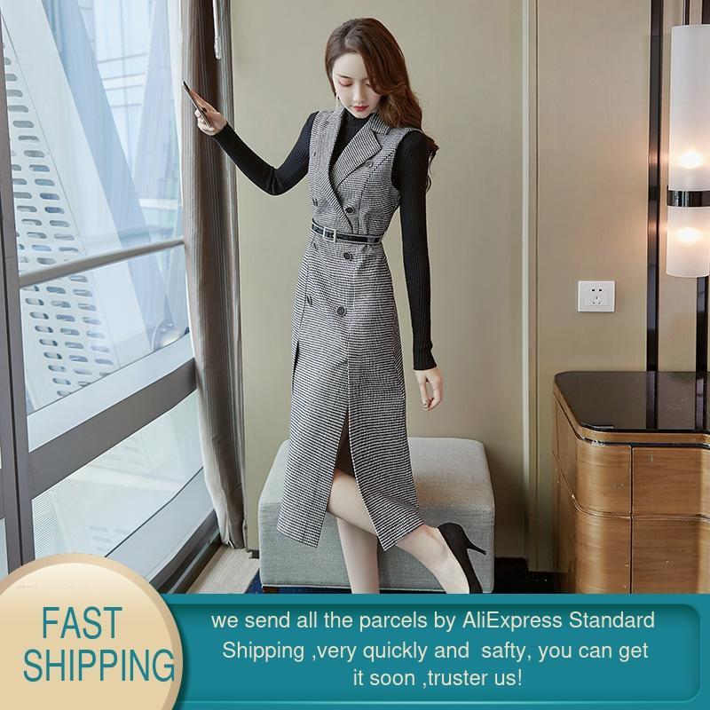 Women Plaid Elegant Office Dresses Lady Work Sleeveless Strap Spring Turn-Down Collar Blazer Female Suit 210428