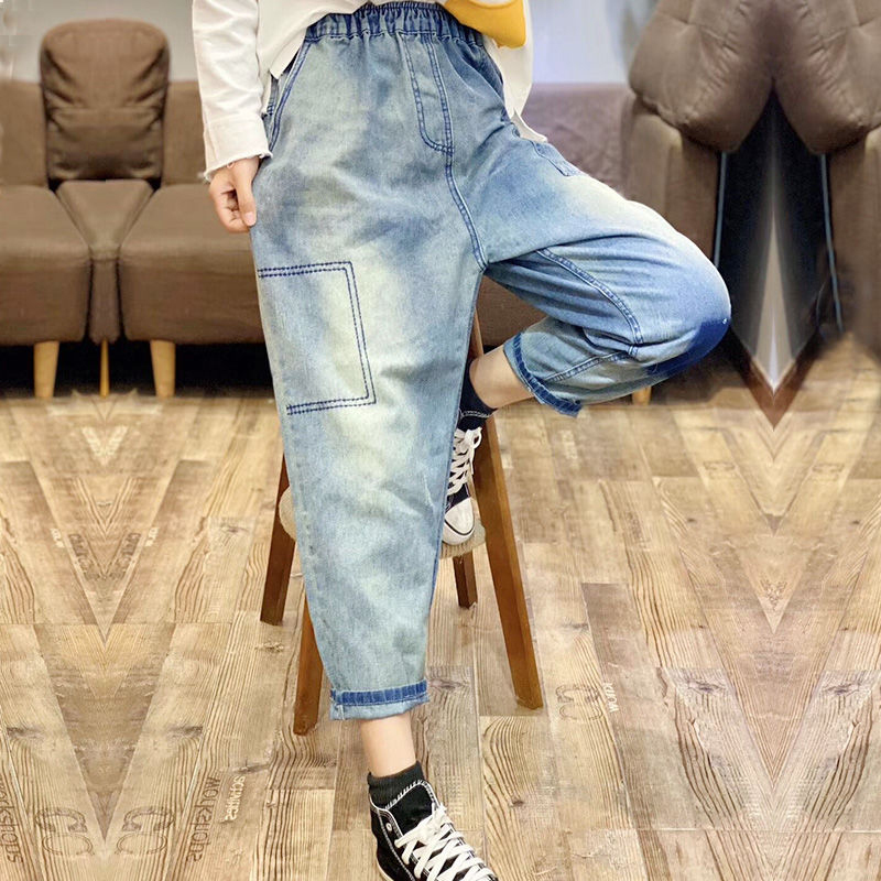 Spring Korea Fashion Elastic Waist Loose Embroidery Ladies Jeans All-matched Casual Cotton Denim Harem Pants Plus Size S633 210512