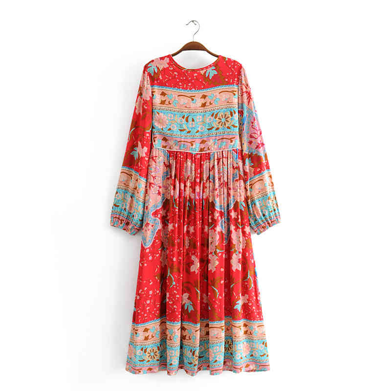 Chu Sau beauty Boho Floral Print Maxi Dress Women Holiday Style Bow Tassel Long Dresses Female Loose Beachwear 210508