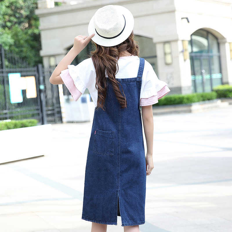Large Pocket Denim Dress for Women Summer Adjustable Strap A-line Back Split Knee-length Loose Korean Vestido Blue 210604