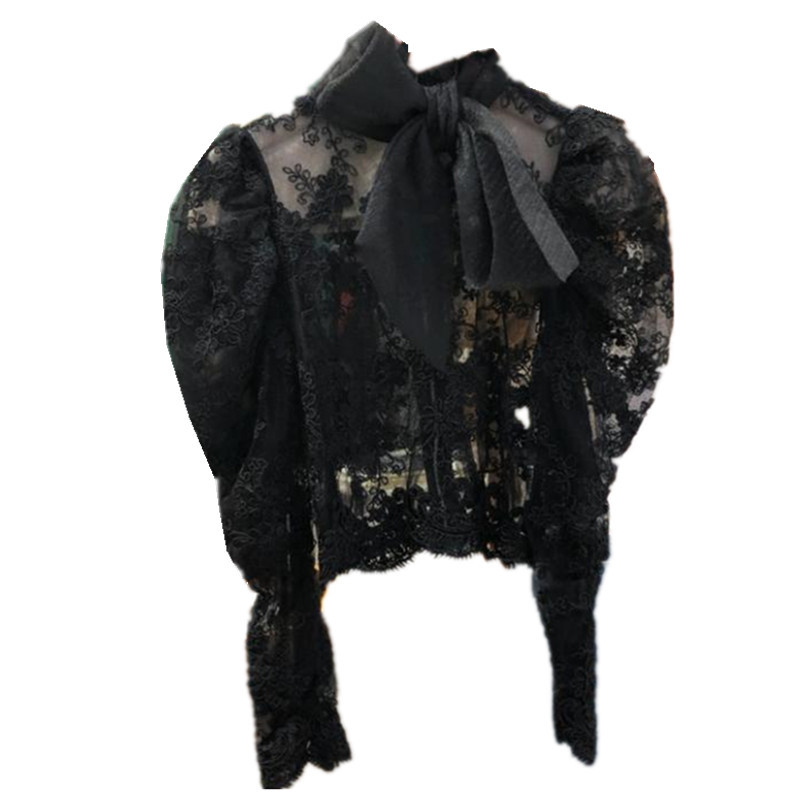 Nomikuma Sexy Lace Shirt Bow Tie Collar Puff Long Sleeve Shirt Autumn Winter Korean Perspective Blusas Mujer De Moda 6D467 210427