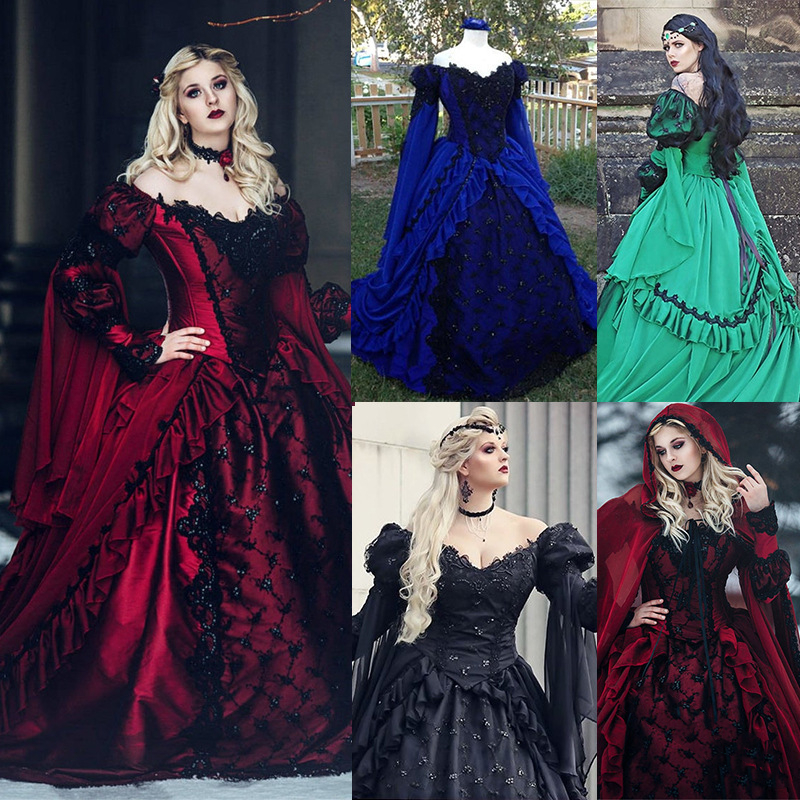 Vintage Medieval Renaissance Ball Gown Wedding Dresses Long Sleeves Black Royal Blue Gothic Hollywood Masquerade Dress For Women Ruffles Off Shoulder 