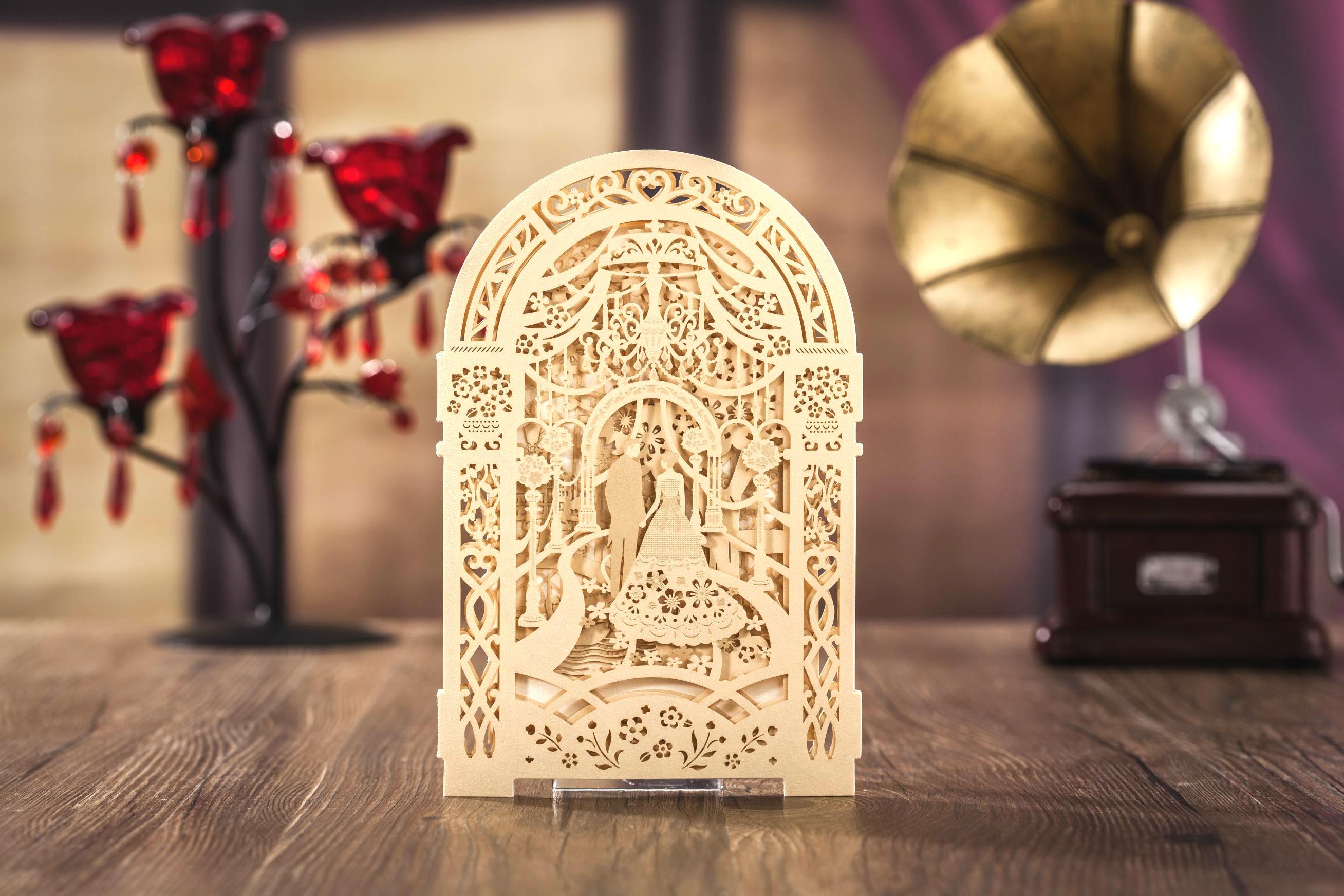 2021 Gold custom personalized Wishmade laser cut wedding invitation cards kit, with envelopes, seals, personalized printing, for wedding