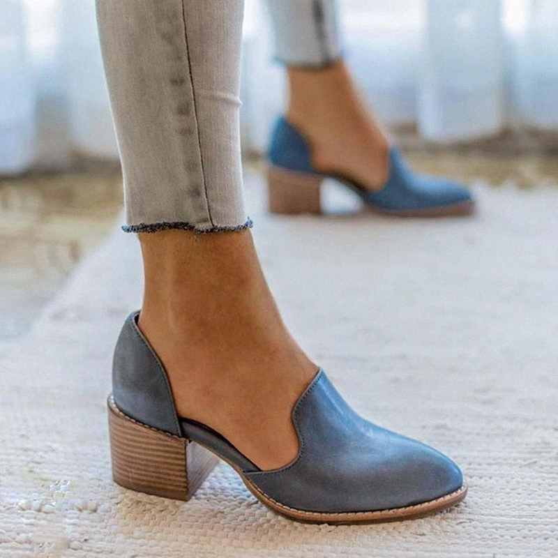 MoneRffi 2020 New Spring Women Shoes Loafers Patent Leather Elegant Middle Heels Slip On Footwear Female Pointed Toe Thick Heel x5Wf#, Blue