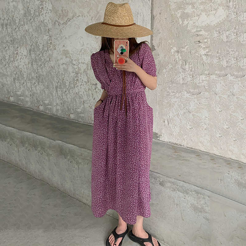 Korejpaa Women Dress Summer Korean Temperament Gentle Floral V-Neck Cross Tie Waist Slimming Pocket Puff Sleeve Vestidos 210526