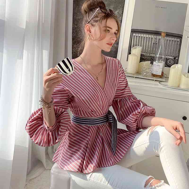 Dabuwawa Elegant Lantern Long Sleeve Striped Blouse Ladie Shirts Women Bow Shirt Slim-fit Vintage Top Shirt Women DO1AST012 210520