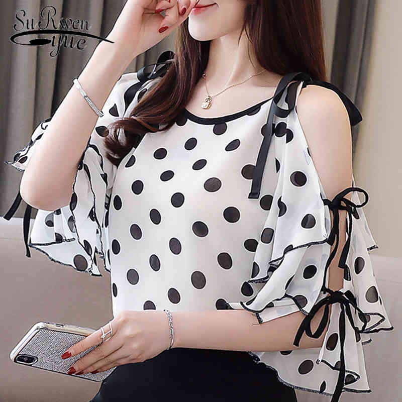 womens tops and blouses black dot chiffon blouse shirt butterfly sleeve shirts summer off shoulder top 3096 50 210508